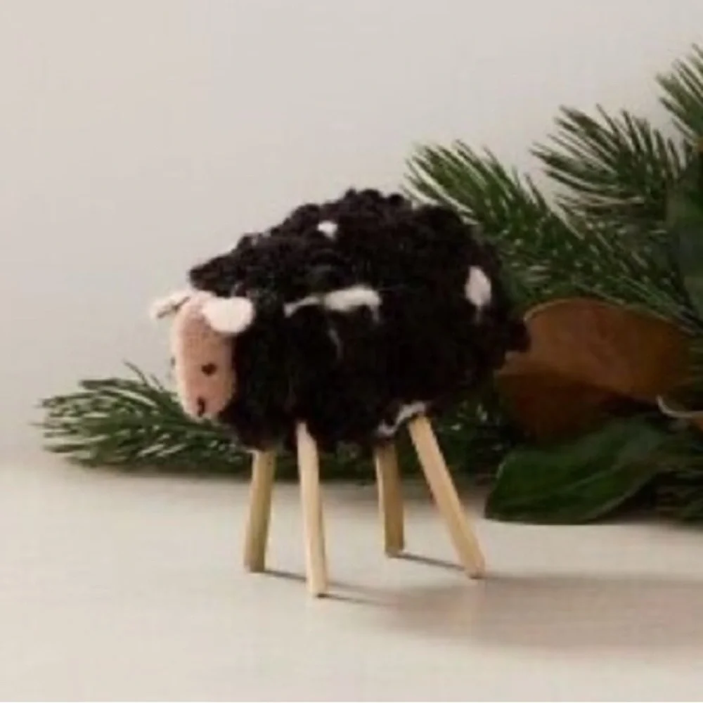 New West Elm Felt Wool Sheep Object / Decor Black with White Spots 51/2 X 6”